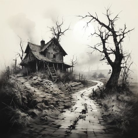 Scary Scenery Drawing, Charcoal Landscape, Haunted House Drawing, Creepy Houses, Dark Landscape, Pencil Sketch Images, Charcoal Art, Cover Art Design, Art Painting Gallery