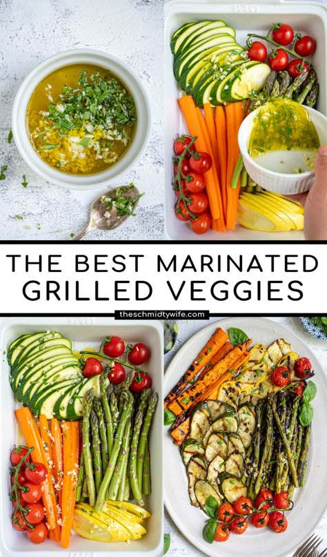 The perfect addition to a summertime meal, a Grilled Vegetable Plate. This Grilled Vegetable Marinade is easy and fresh with a quick marinade that has the perfect zip to add to your veggies. And the secret? Tossing your veggies in the marinade before and after grilling! Grilled Vegetable Marinade, Veggie Marinade, Best Grilled Vegetables, Vegetable Marinade, Bbq Vegetables, Bbq Veggies, Grilled Vegetable Recipes, Marinated Vegetables, Veggie Skewers