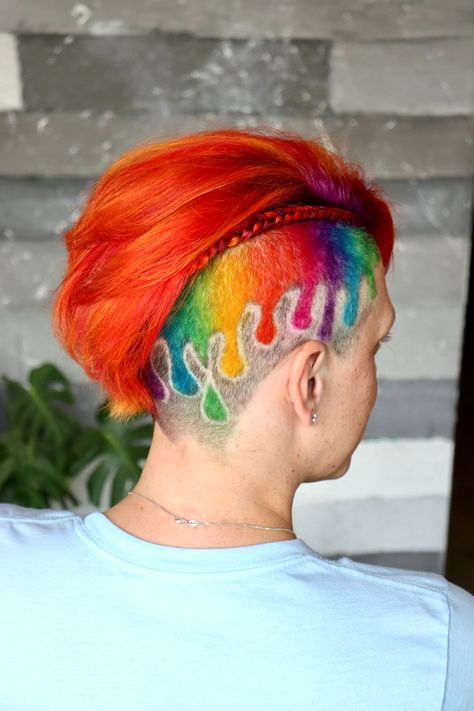 Rainbow Undercut Hair, Undercut Color Ideas, Vivid Hair Color Undercut, Hair Dye Designs Shaved Head, Rainbow Buzzcut, Shaved Head Dye Designs, Short Rainbow Hair Men, Short Bob Rainbow Hair, Short Rainbow Hair