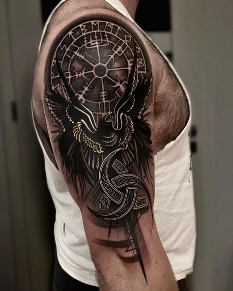 Nordic Shoulder Tattoo, Arm Viking Tattoo, Viking Raven Tattoo Design, Viking Shoulder Tattoo Men, Yggdrasil Tattoo Vikings, Viking Raven Tattoo Ideas, Gungnir Tattoo, Nordic Raven Tattoo, Nordic Tattoo Ideas