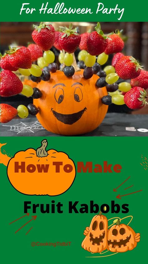 Halloween Fruit Skewers Ideas, Fruit Skewers Halloween, Halloween Fruit Kabob, Easy Halloween Fruit Tray, Pumpkin Fruit Skewers, Fruit Kabobs Halloween, Pumpkin With Fruit Skewers, Halloween Fruit Skewers For Kids, Pumpkin Fruit Kabobs