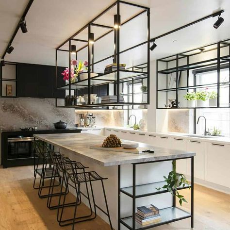 Metal Shelves Kitchen, Small Kitchen Shelf, Hanging Shelf Kitchen, Floating Shelves Ideas, Mission Style Kitchens, Space Saving Ideas, Kitchen Shelving, Kitchen Island Bench, Floating Shelves Kitchen