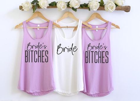 Bachelorette Party Tank Top . Bride and Bride's Bitches . Racerback Bridal Tank Top . Bride . Brides Palm Springs Bach, Funny Bachelorette Shirts, Bridesmaid Tank Tops, Bachelorette Party Tanks, Bridesmaid Shirt, Wedding September, Party Quotes, Party Tank Top, Babe Shirt