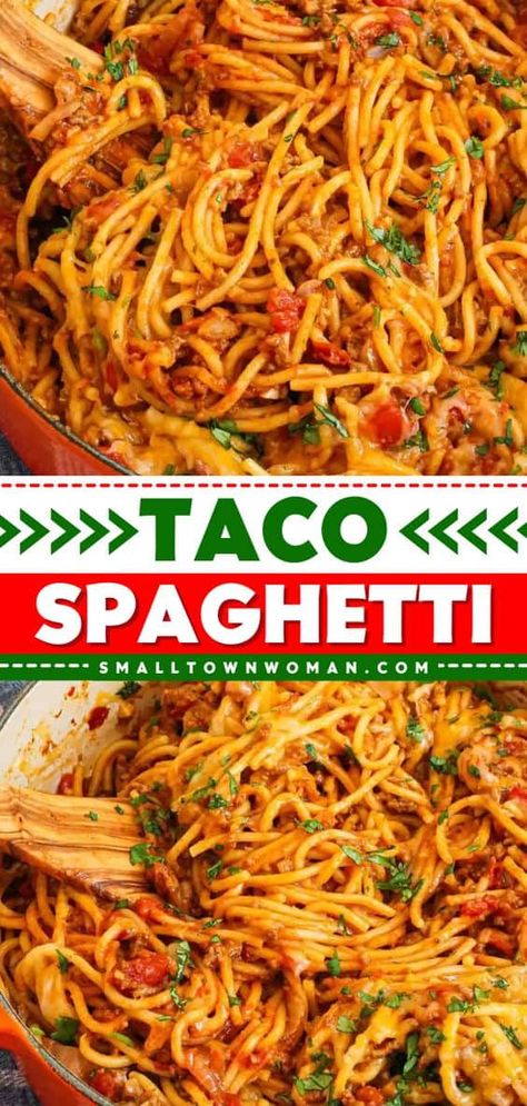 You'll love this easy taco spaghetti! Loaded with ground beef, cheesy goodness, and more, it's the perfect comfort food. Plus, it comes together in just one pot! Put this on your rotation of family dinner recipes! Spaghetti Tacos, Pasta Ideas, Parmesan Potato, Taco Spaghetti, Easy Main Dishes, Cookbook Design, Easy Taco, Homemade Tacos, Fire Roasted Tomatoes