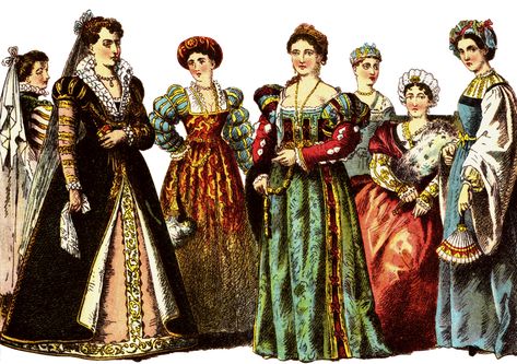 The gowns excentuated the women's waistlines above the hips with a belt or girdle. These gowns were referred to as a sottana, cotta, etc. (interchangeably), and could be hemmed at the ankles or floor. Italian Women Style, French Outfits, Elizabethan Fashion, Medieval Garb, Medieval Woman, Wealthy Women, Court Dresses, Stylish Winter Outfits, Evolution Of Fashion