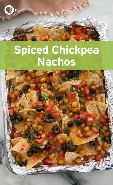 Enhance the texture of a normal recipe by baking and adding spiced chickpeas to these nachos. Chickpea Nachos, Appetizer Dip Recipes, Dip Recipes Appetizers, Sweet Savory Recipes, Kitchen Vignettes, Pbs Food, College Food, Spiced Chickpeas, Eggplant Dishes