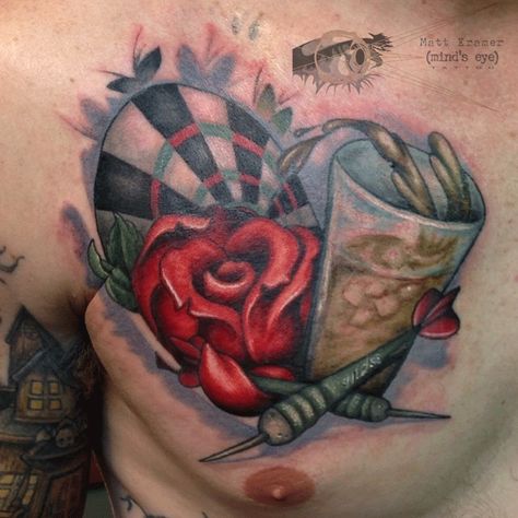 Dartboard, Dart, Drink and Rose piece by Matt Kramer at Mind's Eye Tattoo2 in Allentown, Pa. https://www.facebook.com/mattkramertattoo  #tattoo #tattoos #tattooing #tattooed #love #mindseyetattoo #lehighvalley #Pennsylvania  #allentown  #Emmaus #darts #rose Dart Board Tattoo Ideas, Dart Board Tattoo, Darts Tattoo, Dream Catcher Vector, Allentown Pa, Japanese Sleeve, Tattoo Portfolio, Arm Tattoos For Women, Arm Tattoos