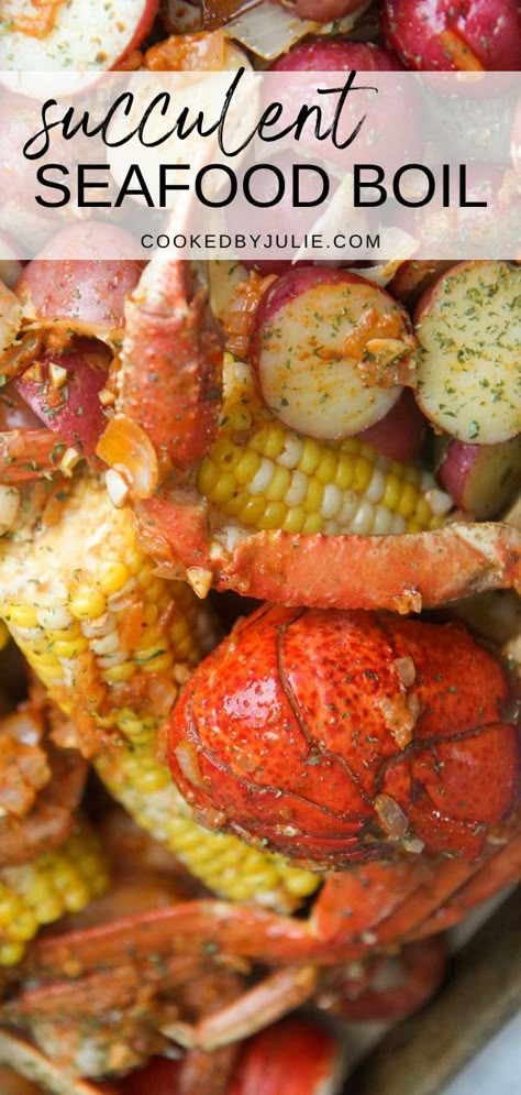 This succulent seafood boil is a cajun, seafood lover's dream! Fresh shellfish, potatoes, corn, and sausage simmered in a flavorful broth, then topped off with garlic butter sauce. This versatile dish can have literally any protein or vegetable added to it, making it so easy to customize to your preferences. Click through for all the details! New England Seafood Boil, Clam Boil Recipe, Crab Legs And Shrimp, Cajun Seafood Boil Recipe, Clam Boil, Seafood Boil Recipes Cajun, Garlic Butter Seafood, Turkey Cooker, Corn And Sausage