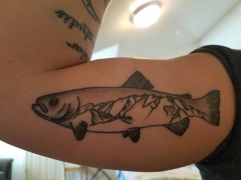 Tattoo With Mountains, Rainbow Trout Tattoo, Jake Tattoo, Camo Tattoo, Salmon Tattoo, Trout Tattoo, Fly Fishing Tattoo, Zen Tattoo, Mountain Range Tattoo