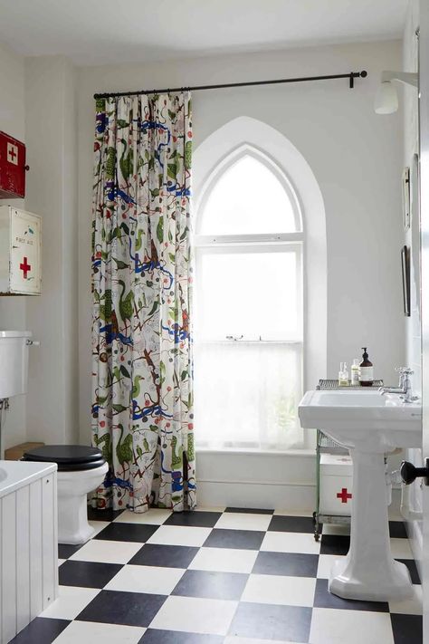 Bathroom curtains | House & Garden Bathroom Window Ideas, Converted Chapel, Marmoleum Floors, Chapel Conversion, Black And White Flooring, French Country Interiors, Curtains White, Grey Floor Tiles, Checkerboard Floor