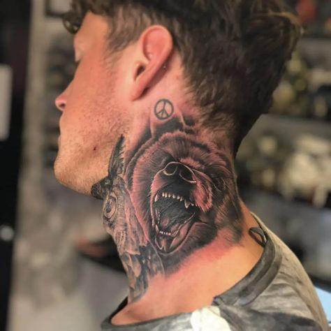 10 Bear Neck Tattoo Ideas Bear Neck Tattoo, Neck Tattoo Cover Up Men, Wolf Neck Tattoo, Back Neck Tattoo Men, Front Neck Tattoo For Guys, Men’s Neck Tattoos, Brother Bear Tattoo, Neck And Throat Tattoos Men, Hood Neck Tattoo For Guys