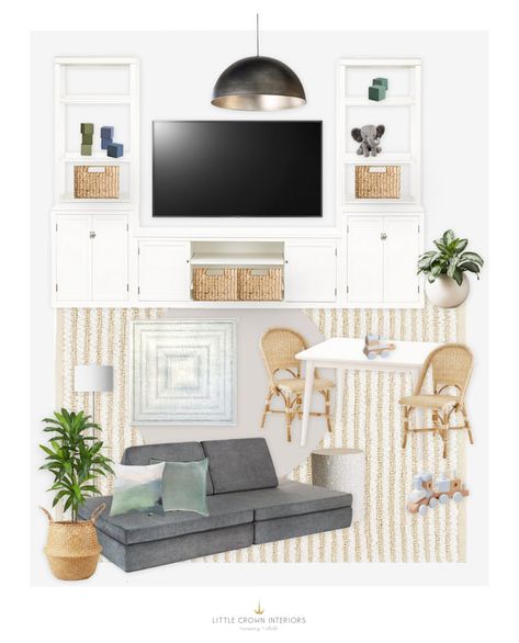 A Neutral Playroom E-Design for a Beachy Home - Little Crown Interiors Coastal Playroom, Neutral Playroom, Beachy Home, Kid's Playroom, Nursery Interior Design, Nursery Interior, Montessori Playroom, Kids Chair, Neutral Area Rugs