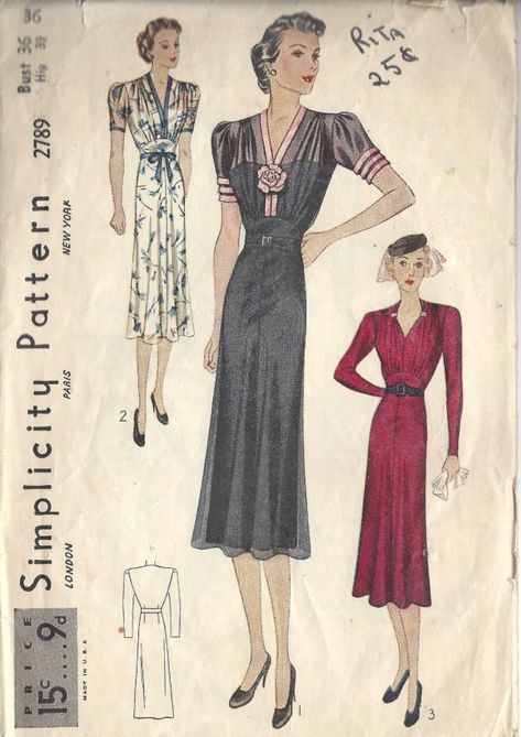 1939-Vintage-Sewing-Pattern-B36-DRESS-1432-261895039485 1930s Dress Pattern, Vintage Dress Sewing Patterns, Vintage Fashion 1930s, Fashion Illustration Vintage, 1930s Dress, Vintage Dress Patterns, Motif Vintage, 1930s Fashion, Couture Vintage