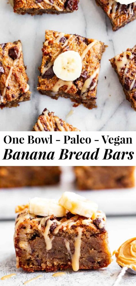 These one-bowl almond butter banana bread bars are a simple and totally delicious treat to make any time!  Great for snacks and dessert, they’re packed with good fats, banana flavor and dark chocolate.  Top them with an almond butter icing to take them to the next level!  Vegan, paleo, refined sugar free, egg free. #paleo #vegan #glutenfree Almond Butter Banana Bread, Easy Chocolate Pudding, Banana Bread Bars, Butter Banana Bread, Healthier Sweets, Paleo Banana Bread, Paleo Banana, Paleo Recipes Dessert, Paleo Bread