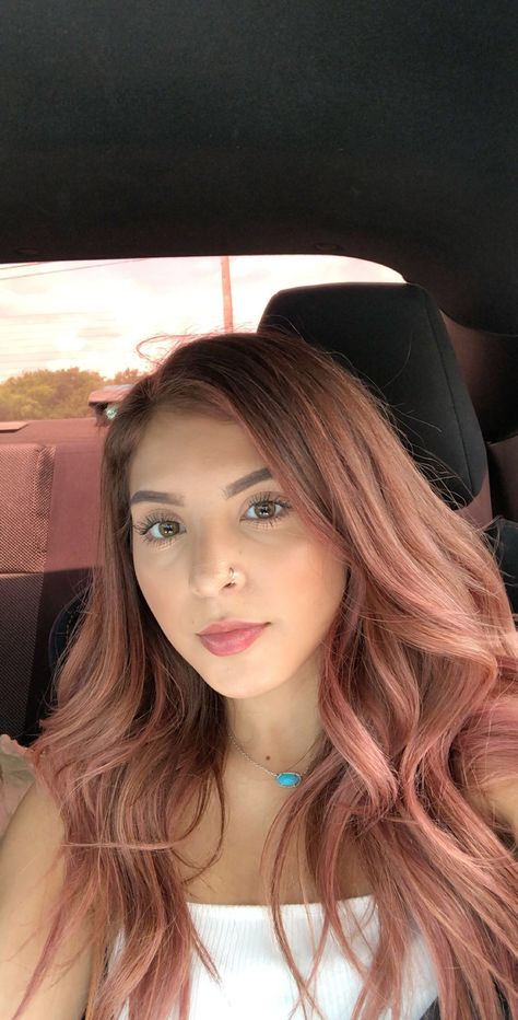 Rose Pink Brunette Hair, Rose Gold Underlights, Rose Copper Balayage, Peachy Rose Gold Hair, Rose Gold Melt Hair, Peach Hair Brunette, Rose Gold Hair With Dark Roots, Rosegold Haircolor Balayage Brunette, Ashy Rose Gold Hair