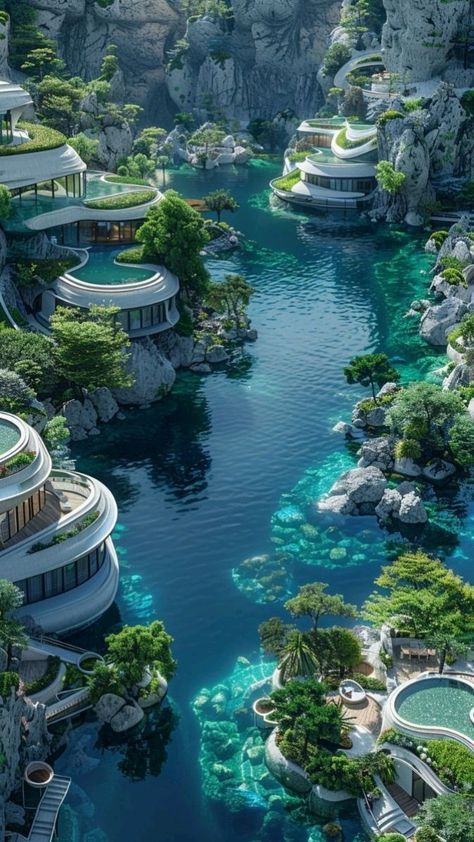 Riverfront Home, Waterfront Architecture, Water City, Future Buildings, Eco City, Eco Architecture, Architecture Ideas, Spaceship Design, Fantasy City