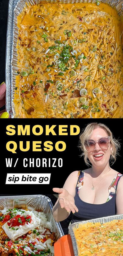 Once you learn how to smoke queso, you’ll be whipping it up for BBQ parties and get-togethers all year long. My particular Traeger recipe is for smoked queso with chorizo and it’s one of my most popular smoker recipes ever. | sipbitego.com Dip On Smoker, Queso With Chorizo, Smoked Queso Dip, Chorizo Dip, Smoked Queso, Cream Cheese Appetizer, Bbq Parties, Queso Dip Recipes, Bbq Dishes