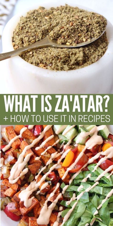 Za'atar seasoning is an earthy Middle Eastern spice blend that adds the most beautiful flavor to so many recipes! Use it in dips, marinades, dressings, or simply sprinkle it on top of your… Za Atar Seasoning, Zaatar Seasoning, Gluten Free Bowl, Mediterranean Bowl, Zaatar Spice, Gluten Free Sauces, Food Thoughts, Mediterranean Diet Recipes Dinners, Healthy Sauces