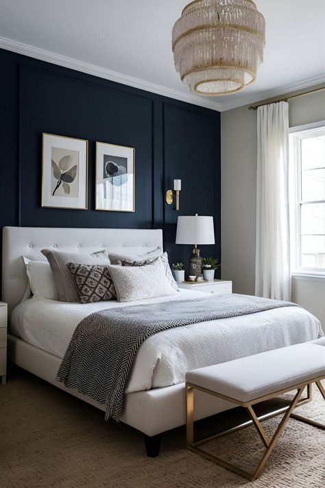 15 Must-Try Blue Bedroom Ideas For Instant Home Refresh Bedroom With Blue Bed Frame, Guest Bedroom Ideas Blue And White, Navy Blue Wainscoting Bedroom, Blue Wall Panelling Bedroom, Dark Blue Guest Bedroom, Dark Blue Room Color, Dark Blue And White Bedroom Aesthetic, Navy Wall Accent, Trendy Master Bedrooms 2024