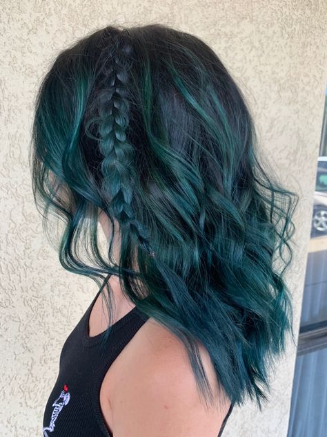 Teal Hair Inspiration, Navy Teal Hair, Turquoise Balayage Hair, Emerald Green And Blue Hair, Emerald Green Hair With Dark Roots, Dark Aqua Hair, Midnight Green Hair, Emerald Green And Blonde Hair, 2023 Vivid Hair