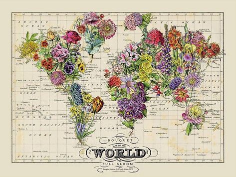 Floral Map, Map Globe, Wall Maps, Map Wall Art, Artist Paint, Arte Floral, Flower Map, Vintage Maps, Vintage Map