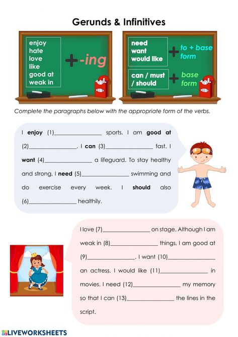 Gerund or Infinitive online worksheet for Primary 5. You can do the exercises online or download the worksheet as pdf. Verb + Gerund, Verb Infinitive And Gerund, Gerund Exercises, Gerunds And Infinitives, Participial Phrases, English Printables, Hm Kids, Spanish Help, English Grammar Quiz