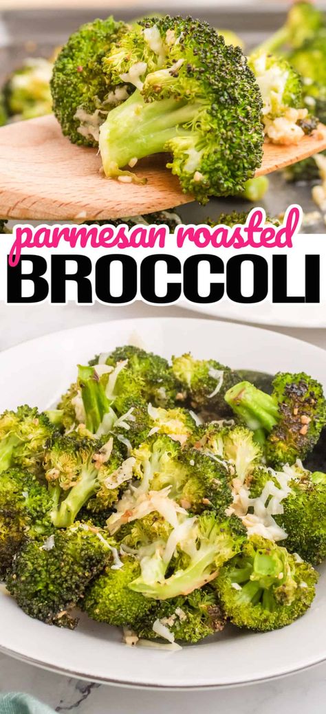 Parmesan Roasted Broccoli is a tasty and easy side dish that everyone loves! The combination of tender broccoli and salty cheese is too good! #Realhousemoms #parmesan #rostedbroccoli #broccoli #sidedish #saltycheese #thanksgivingsidedish #christmassidedish #kidapproved Brocolli Side Dishes, Roasting Broccoli In Oven, Parmesan Broccoli Recipes, Best Broccoli Recipe, Broccoli Recipes Side Dish, Easy Veggie Side Dish, Broccoli Vegetable, Parmesan Roasted Broccoli, Broccoli Side Dish