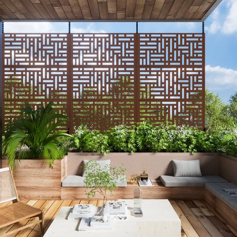 6 ft. H x 4 ft. W Metal Privacy Screen Panel Pattern Decorative Screens Outdoor, Outdoor Privacy Panels, Decorative Metal Sheets, Porch Privacy, Garden Dividers, Balcony Wall, Metal Privacy Screen, Decorative Metal Screen, Balcony Privacy Screen