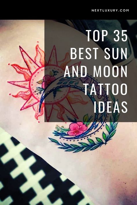 Explore the ink of night and day with the best 35 sun and moon tattoos. Discover different design ideas and ink inspiration from the sky that are as old as we can remember. #tattooideas Night And Day Tattoos Ideas, Fire And Moon Tattoo, Sun And Moon Phases Tattoo, Sun And Moon Tattoos For Women, Sky Tattoo Ideas, Color Sun And Moon Tattoo, Colorful Sun And Moon Tattoo, Day And Night Tattoo Ideas, Sun Moon And Star Tattoo