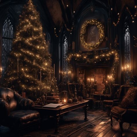 Dark Acedamia Christmas, Moody Christmas Aesthetic, Gothic Christmas Aesthetic, Christmas Aesthetic Vintage, Dark Academia Christmas, Academia Christmas, Xmas House, Moody Christmas, Attic Decor