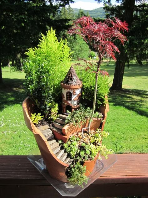 DIY Mini Gardens • Ideas  Tutorials! Including this broken pot miniature garden from the garden diaries. Dish Garden Ideas, Garden Castle, Dish Gardens, Mini Gardens, Gardens Ideas, Fairy Castle, Garden Diary, Miniature Gardens, Faeries Gardens