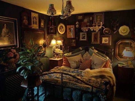 Nanny Mcphee House Aesthetic, Small Space Dark Walls, Light Whimsigothic Bedroom, Throw Pillow Aesthetic, Nanny Mcphee Aesthetic, Nanny Mcphee House, Wizard Bedroom, Girls Bedroom Lighting, Nanny Mcphee