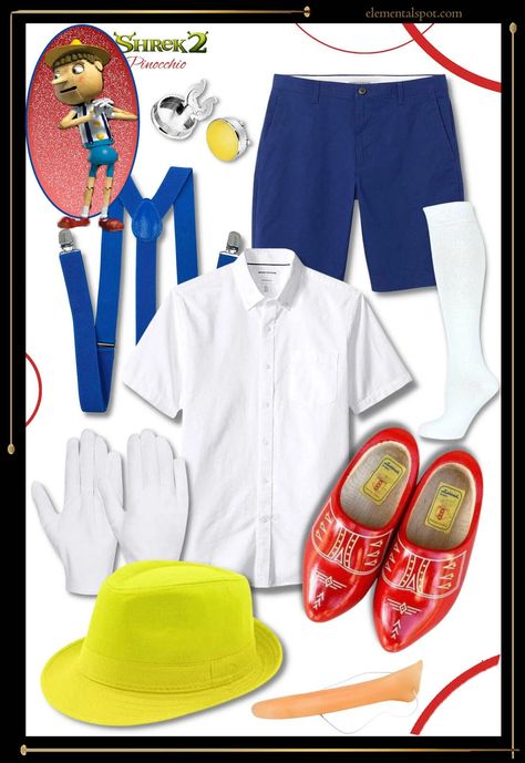 Pinocchio Costume, Shrek Costume, Blue Suspenders, Yellow Hat, White Socks, Pinocchio, Shrek, White Gloves, White Sock