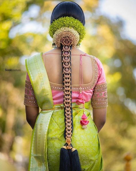 South Indian Bridal Hairstyles, Indian Bridal Hairstyle, Bridal Hairstyle Ideas, Jadai Billai, Simple Bridal Hairstyle, South Indian Wedding Hairstyles, Bridal Hair Decorations, Bridal Hairstyle Indian Wedding, Hair Style On Saree