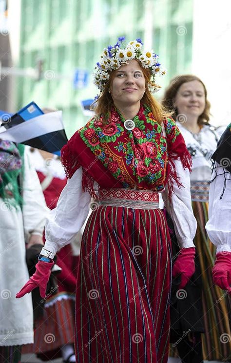 Estonian People in Traditional Clothing Walking the Streets of Tallinn Editorial Photo - Image of folk, eastern: 152672636 Estonia Culture, Estonian Culture, Estonian Clothing, Festival Grounds, Walking Outfits, National Clothes, Tallinn Estonia, Fantasy Story, Women Street