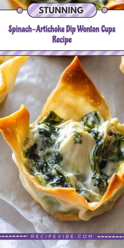 Looking for a delicious twist on classic appetizers? These Spinach-Artichoke Dip Wonton Cups are the perfect bite-sized treat! By making this recipe, you'll impress your guests with a unique and flavorful option. Save this for your next gathering and never run out of appetizer ideas again! Spinach Artichoke Cups, Spinach Artichoke Dip Easy, Unique Appetizers, Crispy Wonton, Wonton Cups, Classic Appetizers, Appetizer Ideas, Wonton Wrappers, Spinach Artichoke Dip