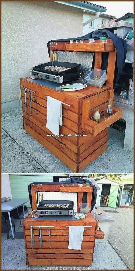 Diy Grill Table, Wood Pallet Ideas, Diy Wood Pallet, Popular Woodworking Projects, Outdoor Pallet, Grill Table, Reclaimed Wood Table, Shelving Design, Outdoor Furniture Plans