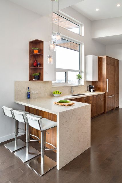 Small Kitchen Shelf Ideas, Waterfall Peninsula, Beige Countertops, Warm Contemporary Kitchen, Kitchen Shelf Ideas, Small Kitchen Shelf, Counter Shelves, Slab Backsplash, Backsplash Stone