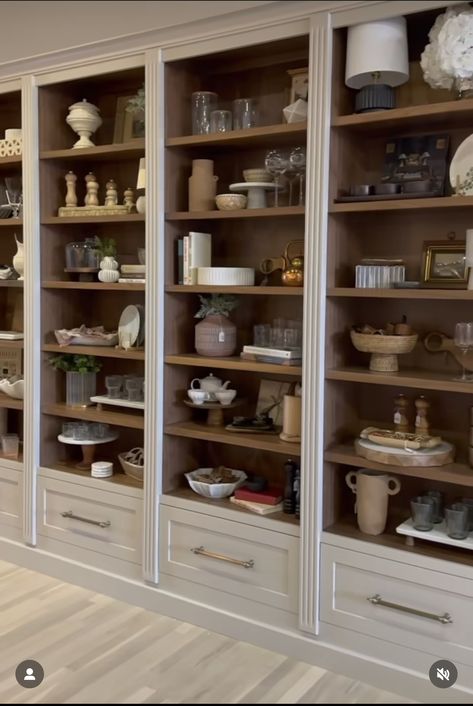 Two Story Bookshelves, Taupe Built Ins Bookshelves, Bookcase Built In, Bookshelves In Dining Room, Gray Room Ideas, Built In Cabinets Living Room, French Country Bookcase, Color In Interior Design, Gray Room