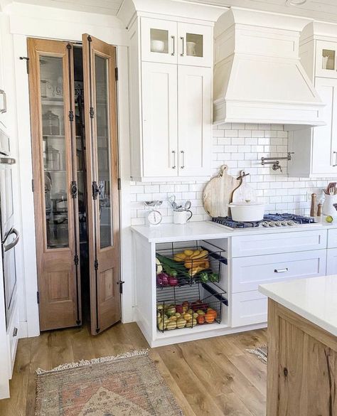 White Kitchen Cabinets And Wood Island, White And Brown Kitchen Cabinets, Produce Storage, Pantry Doors, Butlers Pantry, Texas House, Farmhouse Inspiration, Kitchen Farmhouse, Classic Kitchens