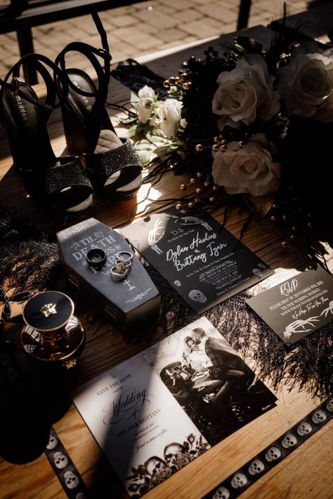 moody wedding day details Moody Romantic Wedding Aesthetic, Modern Goth Wedding, Moody Romantic Wedding Photography, Moody Wedding Details, Moody Wedding Vibes, Dark Moody Wedding Photography, Small Black Wedding, Dark And Moody Wedding Photography, Gothic Wedding Party