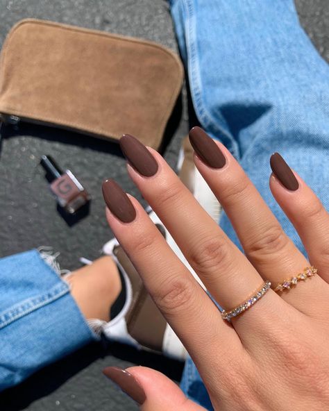 Nail Color For Brunettes, Brown Tipped Nails, Rounded Long Nails, Brown Nails Sns, All Brown Nails, Plain Gel Nails Simple, Dip Nails Brown, Cool Brown Nails, Brown Arclyc Nails