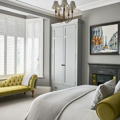 Grey bedroom with lime-green accessories Victorian Bedroom Ideas, Dark Gray Bedroom, Grey Bedroom Design, Bedroom Gray, White Bedroom Design, Grey Bedroom Decor, Victorian Bedroom, Bedroom Pictures, Grey Room