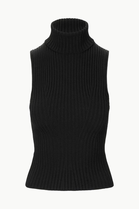 Staud Callum Top in Black. A sleeveless turtleneck top made out of a stretchy rib knit fabric. This style offers a fitted silhouette and full fashioning pattern throughout. Uni Clothes, Sweater Knit Skirt, September Fashion, Sleeveless Turtleneck Top, Quality Basics, Rib Knit Fabric, Fitted Turtleneck, Wool Clothing, Sleeveless Turtleneck