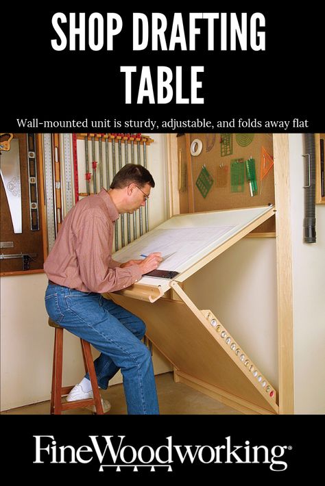 This convenient and functional station features torsion-box construction. It is mounted to the shop wall and can be adjusted to eight different working positions. The top is hinged to a lower panel, and both parts fit into a frame so it can be folded flat against the wall (with the drawing still visible) when not in use. The design also features storage space for pencils, erasers, rulers, and drawings. Drawing Desk, Reclaimed Wood Signs, Woodworking Basics, Folding Walls, Drafting Table, Drawing Table, Workshop Organization, Easy Wood Projects, Shop Organization