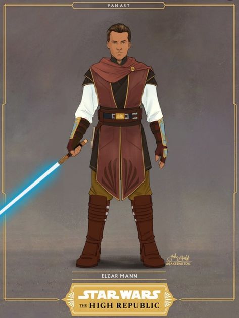 Elzar Mann from The High Republic by Jake Bartok Casual Jedi Outfit, Star Wars High Republic Concept Art, High Republic Jedi Robes, Star Wars The High Republic Art, The High Republic Star Wars, Jedi Knight Concept, Jedi Guardian, Old Republic Jedi, High Republic Jedi