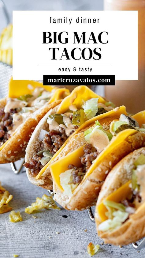 picture of big mac tacos with text overlay Tacos Sauce, Hamburger Toppings, Big Mac Tacos, Mac Tacos, Southwestern Recipes, Taco Shell, Cheap Family Meals, Hamburger Recipes, Taco Stuffed Shells