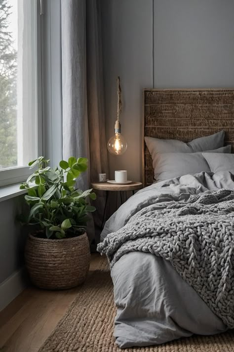 Transform your grey bedroom into a serene space with natural elements like wood, plants, and soft linens. Boho Bedroom Grey Bedding, Cosy Bedroom Grey Bed, Grey Comforter Bedroom Color Combos, Gray Bedding Aesthetic, Light Gray Bedroom Aesthetic, Grey Walled Bedroom, Boho Gray Bedroom, Grey Room Inspo Bedroom, Cozy Bedroom Gray