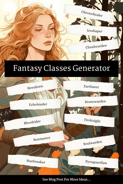 Our Fantasy Classes Generator is here to jumpstart your imagination. This clever tool goes beyond the typical fighter-mage-rogue trio. Story Inspiration Fantasy, Fantasy Book Name Generator, Fantasy Jobs Ideas, Fantasy Oc Generator, Fantasy Lore Ideas, Fantasy Terms, Fantasy Jobs List, Class Names Ideas, Fantasy Abilities