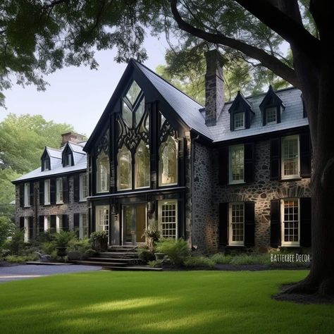 Victorian Gothic House Exterior, Mansion In The Woods, Gothic House Exterior, Gothic Modern House, Dark House Aesthetic, Modern Gothic Home, Victorian Gothic Home Decor, Gothic Victorian House, House Elevations